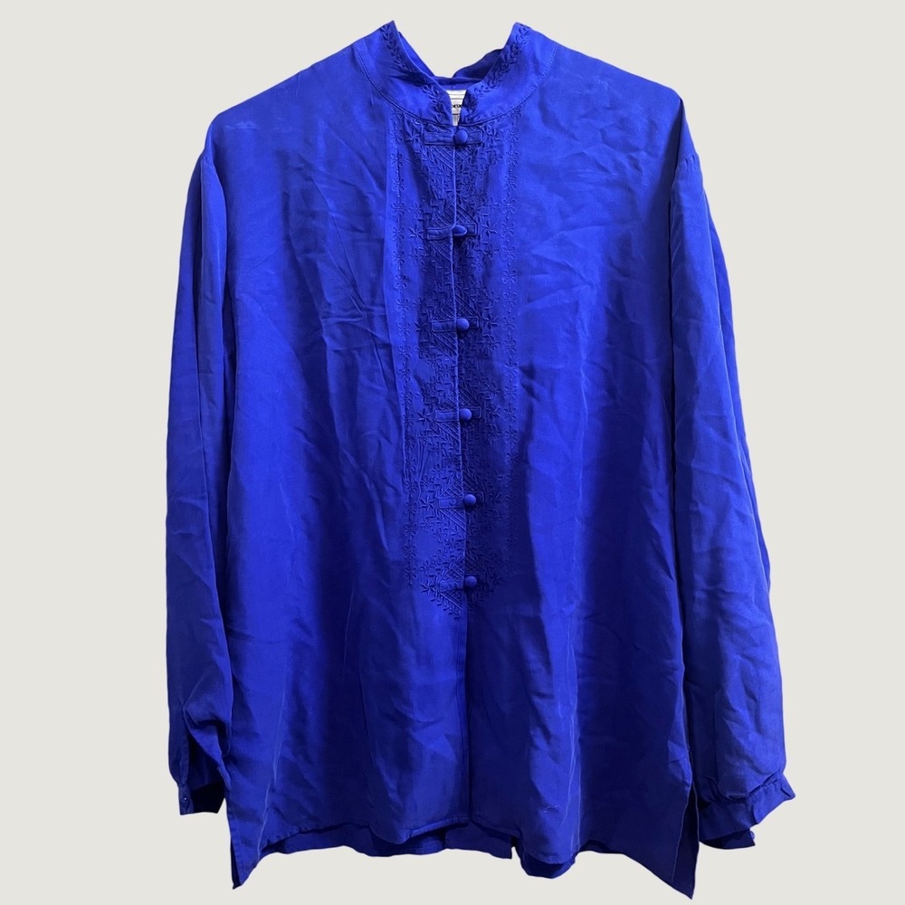 Milano Design Group Silk Blouse Womens Large Blue Embroidered Mandarin Collar